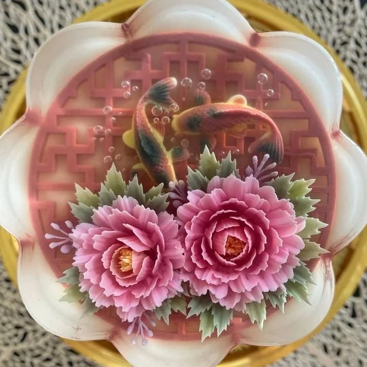 Peony and twin koi jelly cake with lattice window design