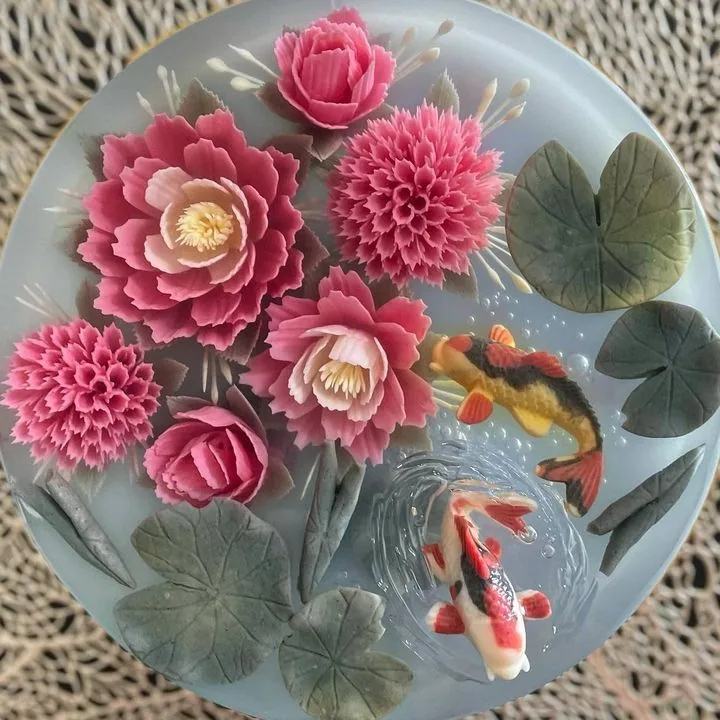 Lotus and koi pond 3D jelly cake, viewed from above
