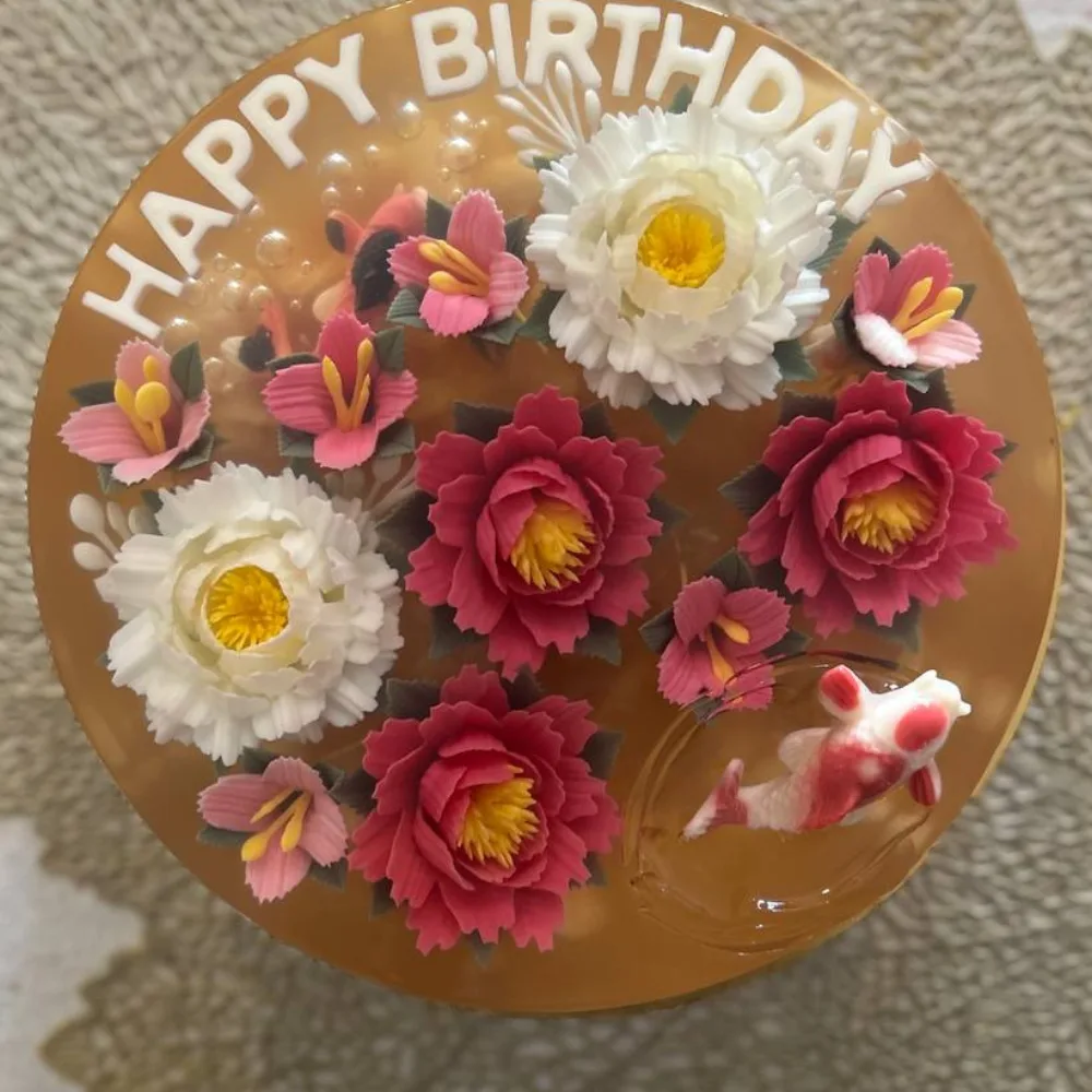 Amber Peony Pond 3D jelly cake, viewed from above