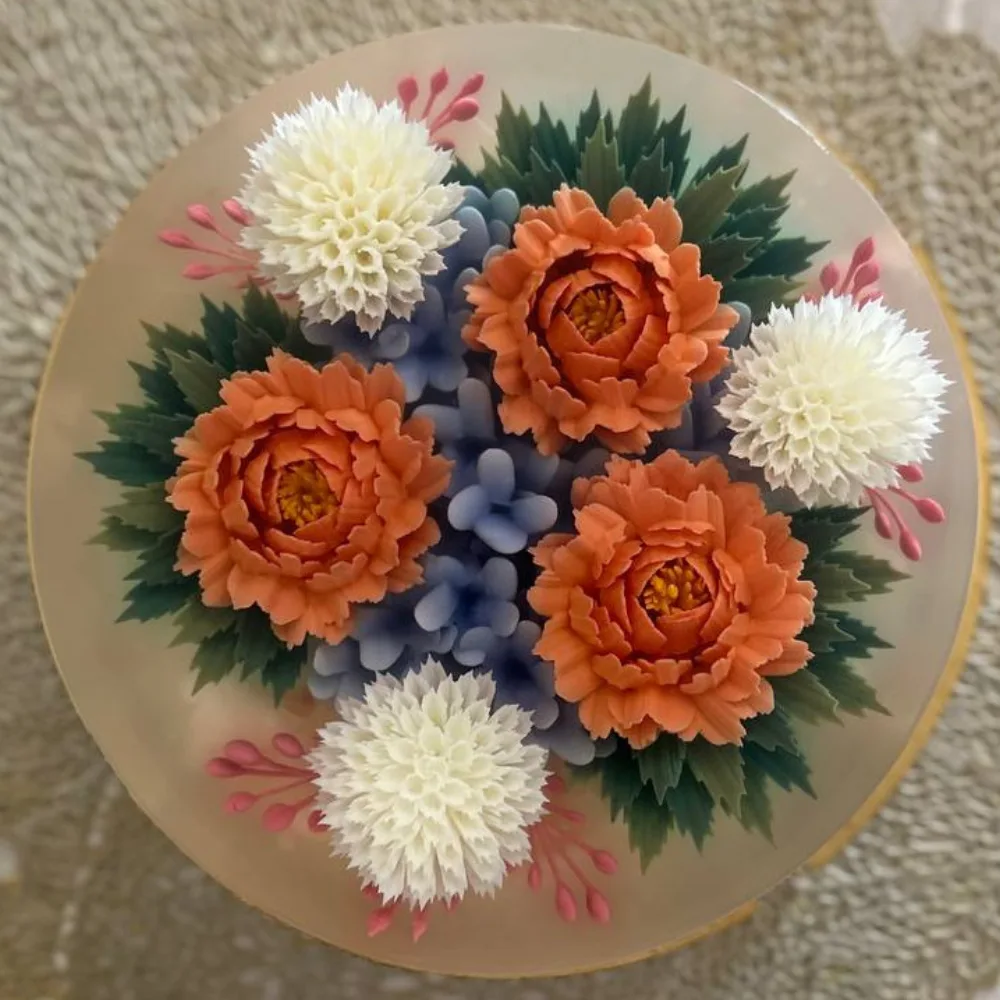 Apricot Peony Bloom 3D jelly cake, viewed from above