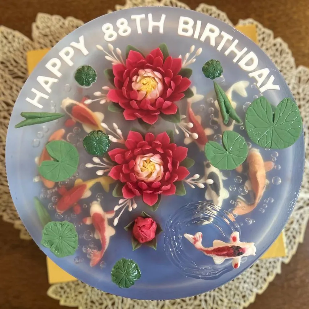 Azure Twin Lotus Koi 3D jelly cake, viewed from above