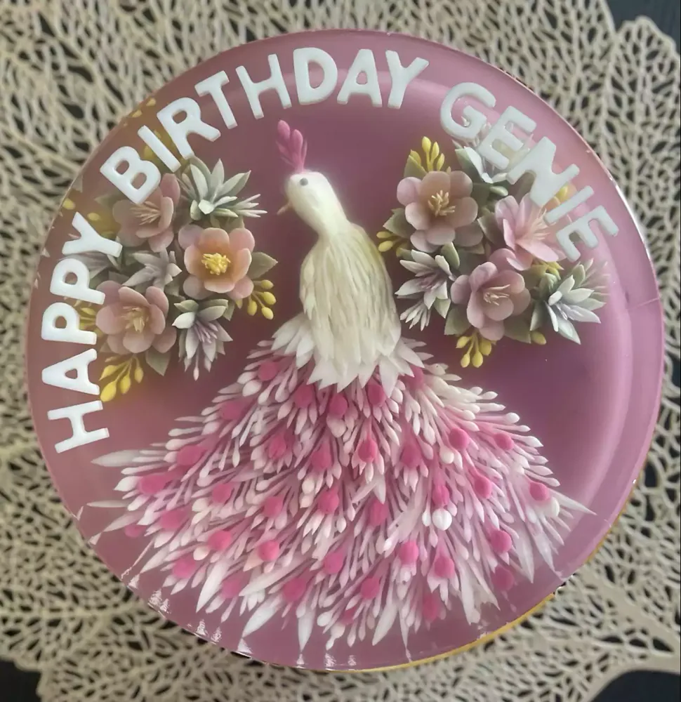 Blush Peacock 3D jelly cake, viewed from above