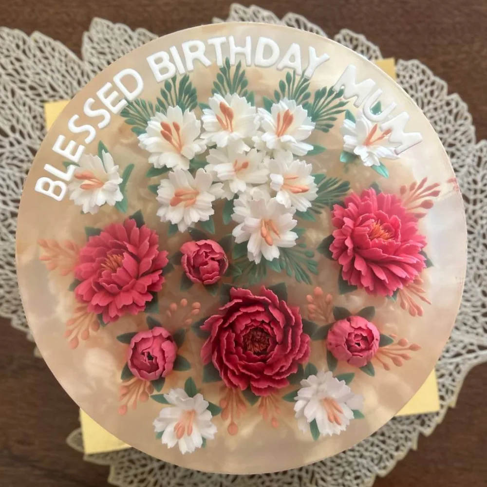 Champagne Peony Garden 3D jelly cake, viewed from above