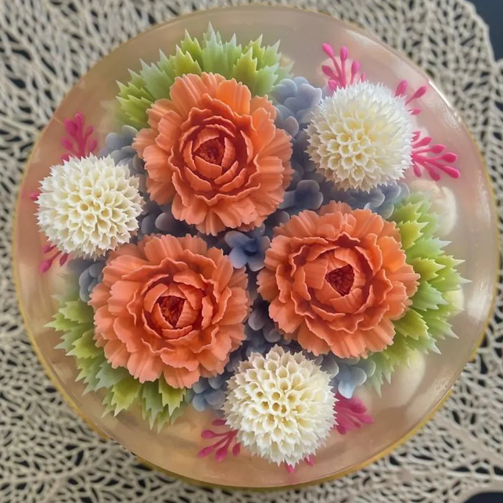 Coral Peony Garden 3D jelly cake, viewed from above