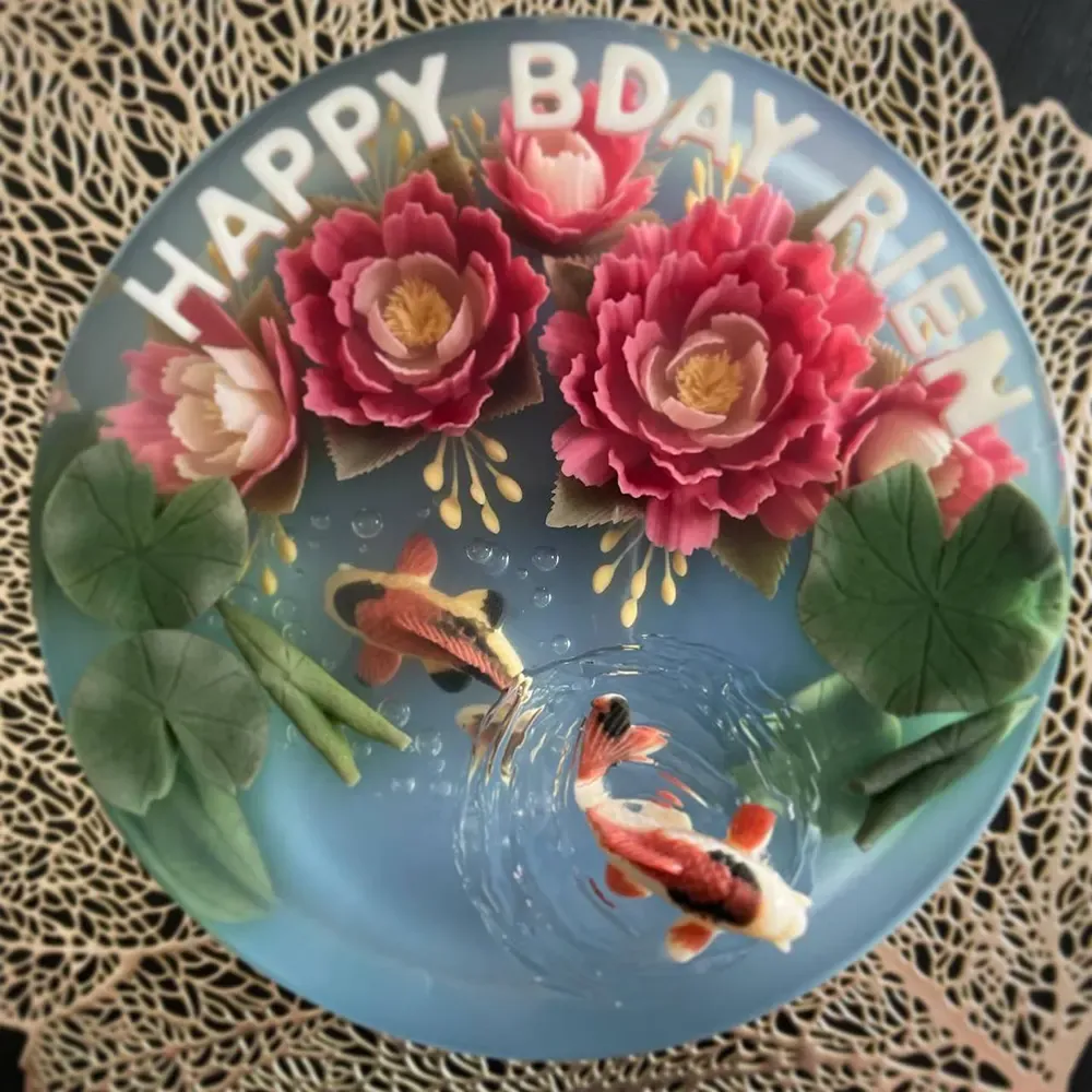 Crimson Lotus Koi 3D jelly cake, viewed from above