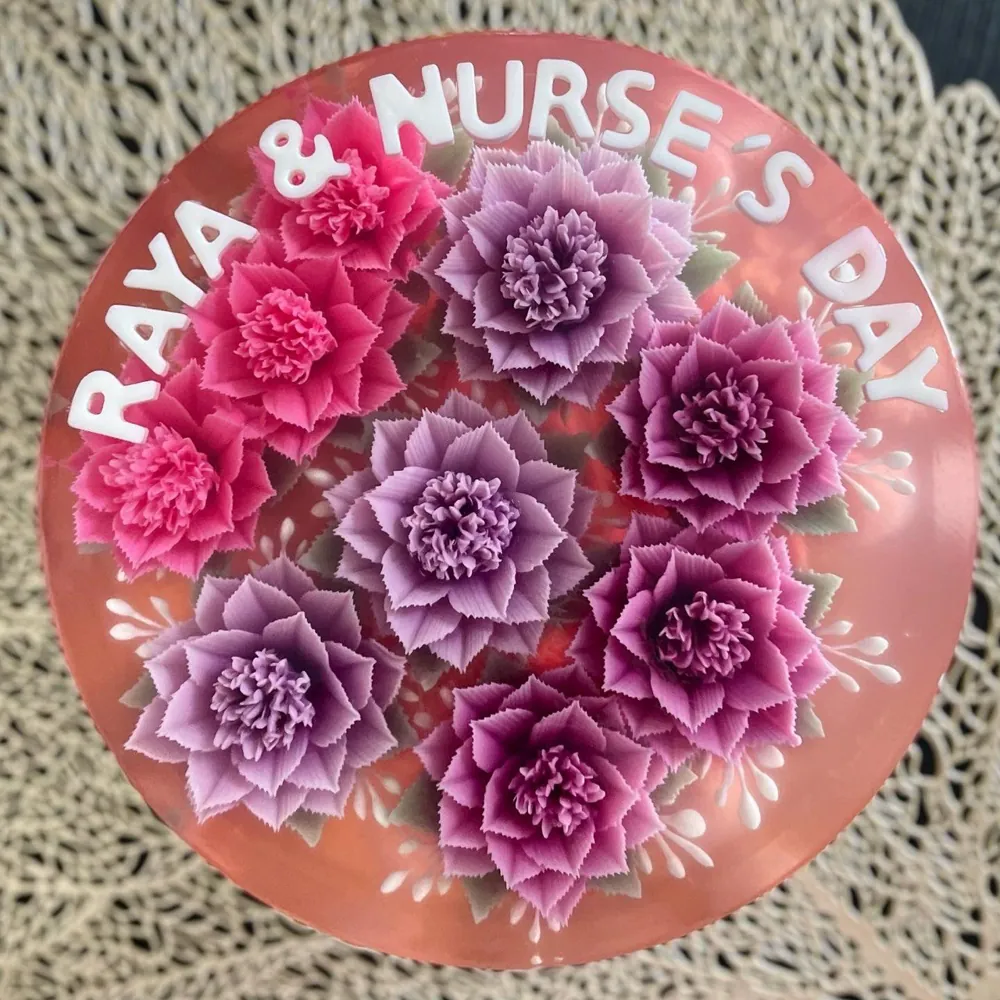 Fuchsia Dahlia Bouquet 3D jelly cake, viewed from above