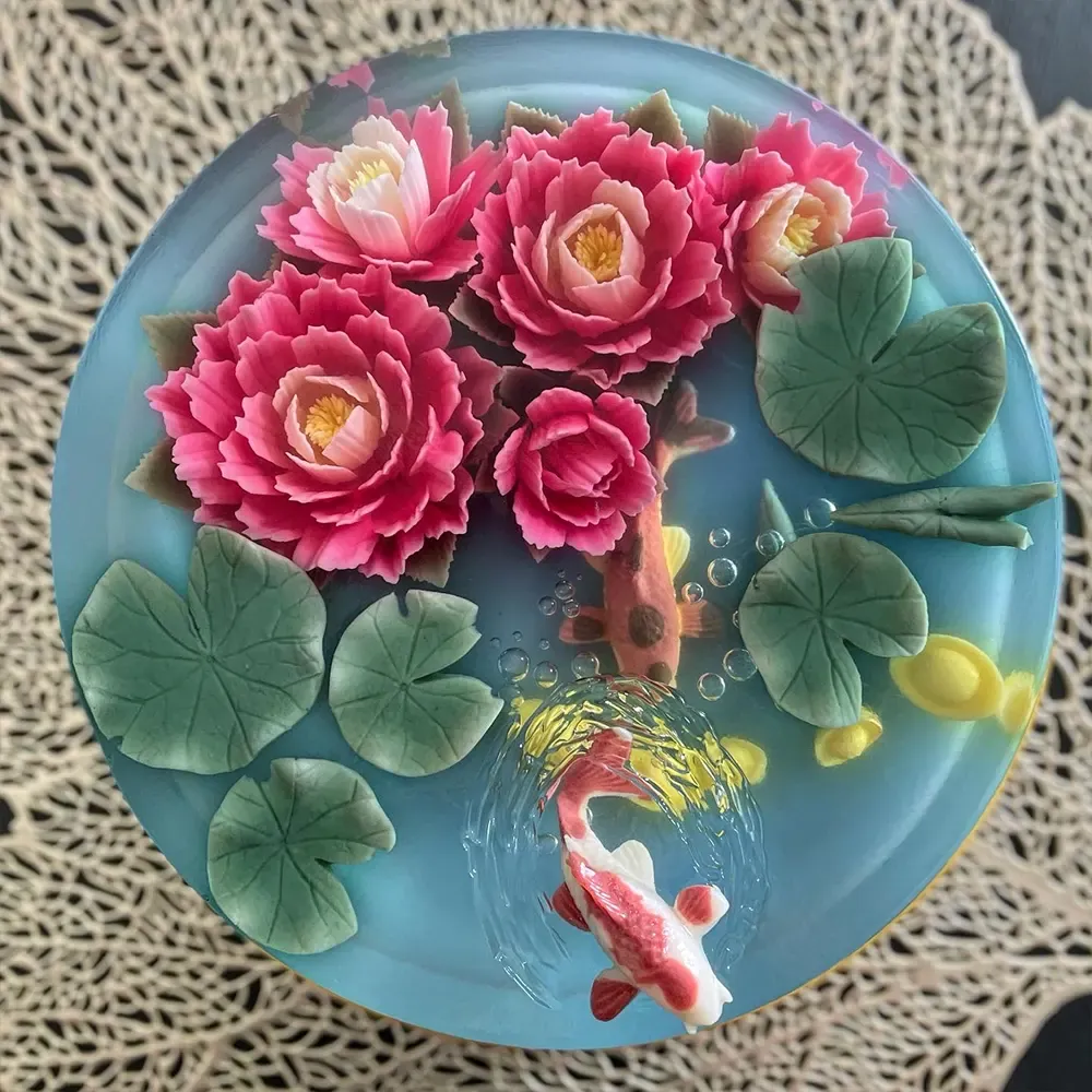 Pink Lotus Pond 3D jelly cake, viewed from above