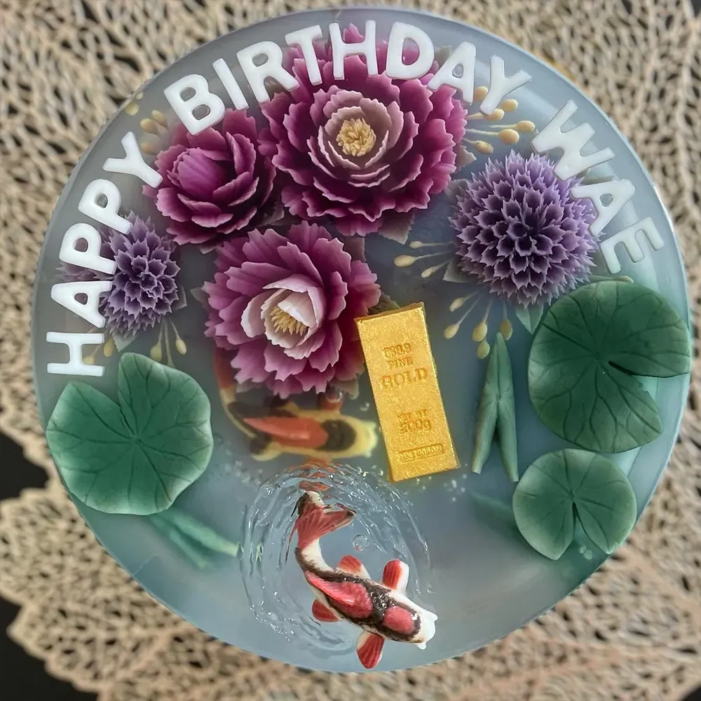Plum Lotus Koi 3D jelly cake, viewed from above
